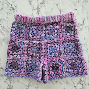 Handmade Pastel Crochet Granny Square Knit Shorts Medium Festival Grannycore
